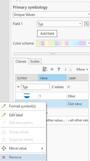 Upravte pomůcky, poznámky: Pokud chcete zobrazovat jen jednu hodnotu v dané vrstvě můžete vypnout zobrazení dalších hodnot v Symbology např.