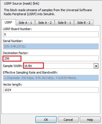 Obrázek 39: Nastavení přijímače Kmitočet, na kterém bude USRP přijímač nalazen, je shodný s nastavením vysílače.