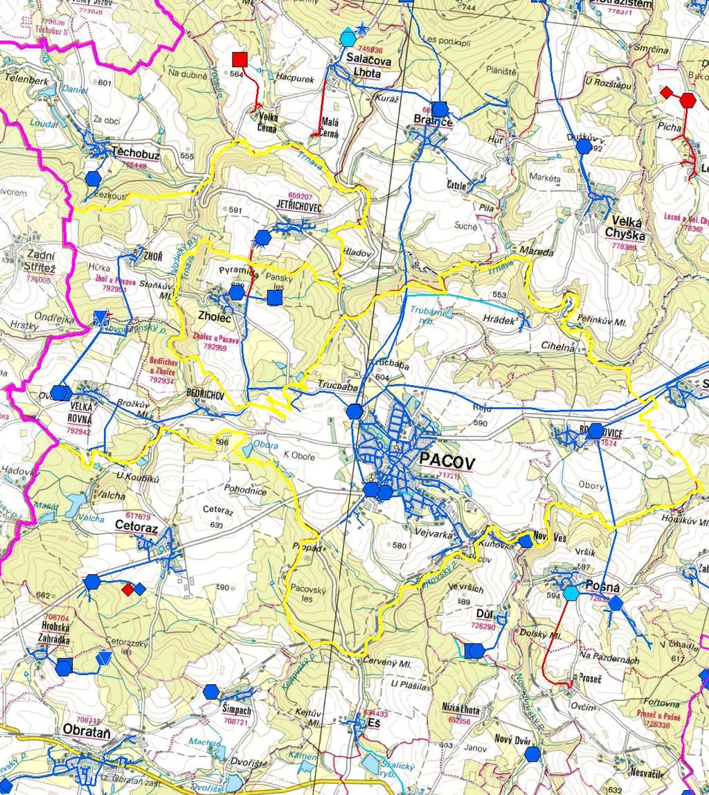 MAPA - VODOVODY Trasování sítí, lokalizace vodojemů, zdrojů, čerpacích stanic, ATS, ÚV Vodovodní řady Vodojem zemní