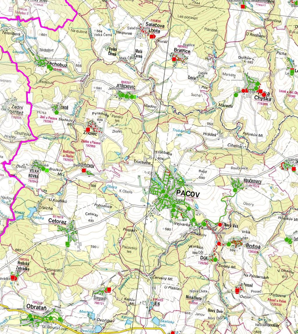 MAPA - KANALIZACE Trasování sítí, lokalizace ČOV, čerpacích stanic, výústí, odlehčovacích komor