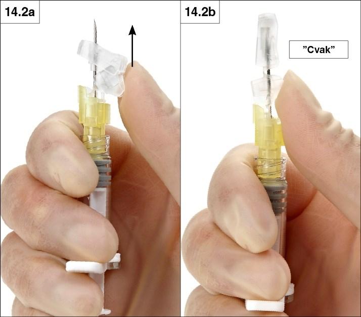 2. Uzavření palcem Přiložte palec na páčku a posuňte bezpečnostní krytku směrem k hrotu jehly (obrázky 14.2a a b). Krytka zakryje jehlu a uzamkne se.