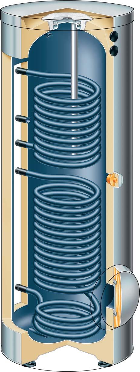 Vitocell 100-B Zásobníkový ohřívač vody (bivalentní) 1 1 Zásobníková nádrž a topná spirála z oceli, s vrstvou smaltu Ceraprotect Magneziální anoda a anoda na cizí proud 3 Horní topná spirála dohřev