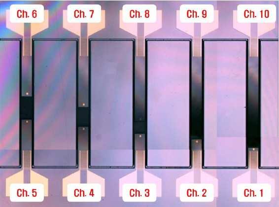 Obr. 5 Pole piezoelektrických nosníků [12] Pole bimorfních piezoelektrických nosníků Piezoelektrický bimorf je složený ze dvou vrstev piezoelektrického materiálu.