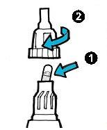 Příliš neutahujte (2). 7. Držte inhalátor s náústkem směřujícím dolů.