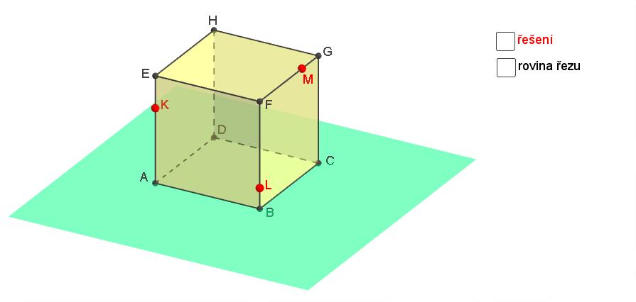 MODAM 2016 GeoGebra známá i neznámá (začátečníci) Příklad 4: Stereometrie - řez krychle Zadání: Vytvořte aplikaci na řez krychle ve stereometrii. Postup: 1.