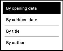 ČČČČČČČČČČ 33 Výsledky seskupování lze zobrazit vzestupně (A-Z) nebo sestupně (Z-A). 2.Kritéria řazení podle data otevření, podle data přidání, podle titulu, podle autora. 3. Zobrazení seznamu knih Jednoduchý v tomto režimu se zobrazuje ikona obalu knihy.