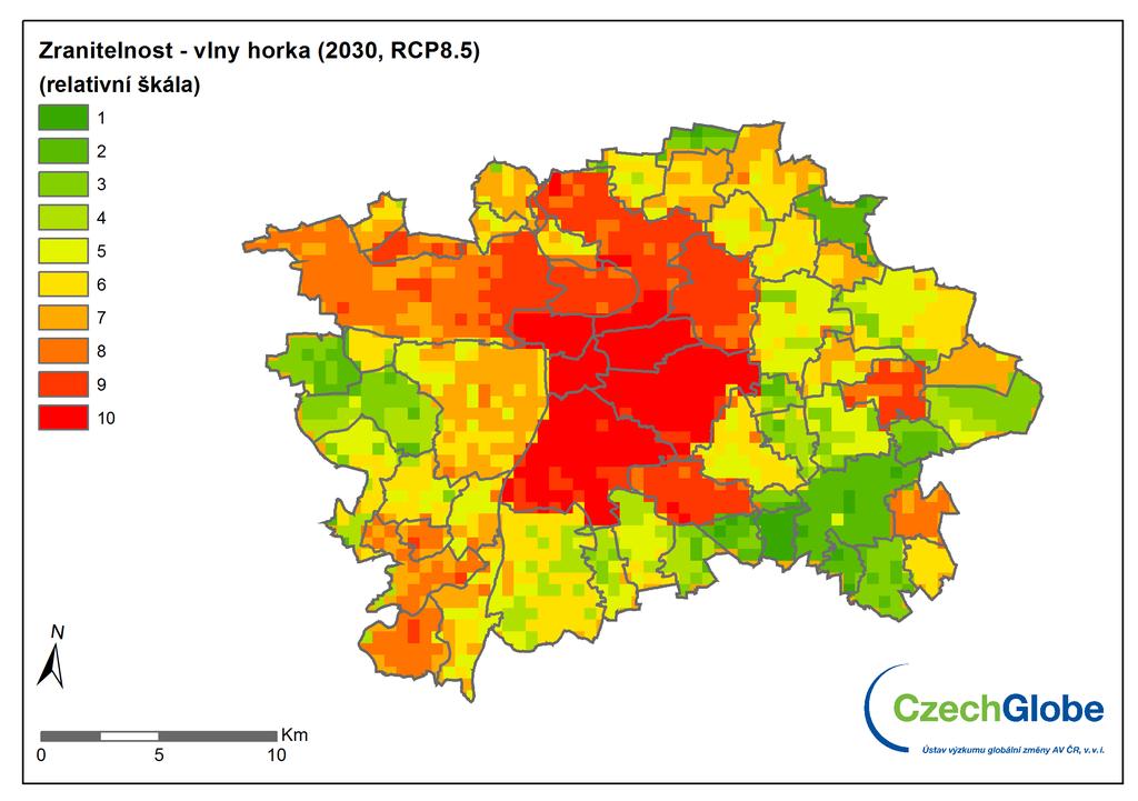 Hodnocení zranitelnosti Praha vlny horka Zranitelnost vůči dopadům vln horka se bude v budoucnu u obou scénářů zvyšovat nárůst