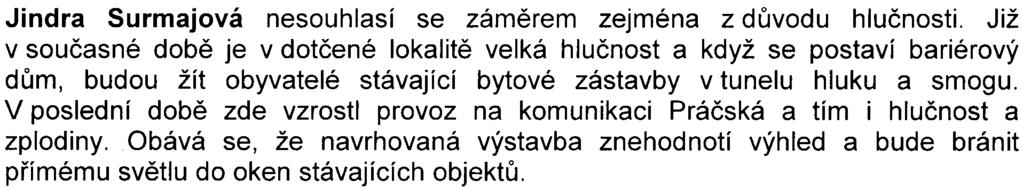 Jindra Surmajová nesouhlasí se zámìrem zejména z dùvodu hluènosti.