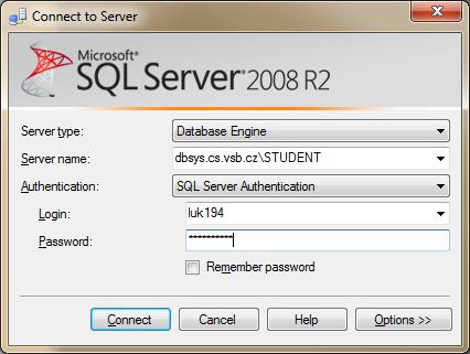 cz\student Vyberte typ autentifikace SQL Server Authentication Login je váš login, kterým se přihlašujete do Edisonu
