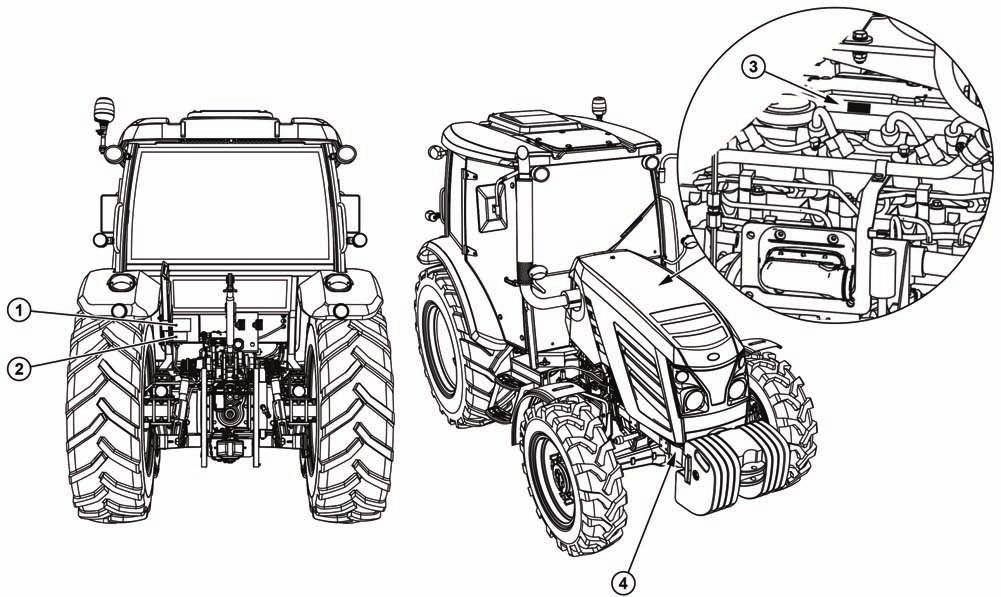 UMÍSTĚNÍ VÝROBNÍCH ČÍSEL MGP16N001 1. Výrobní štítek traktoru 2. Výrobní číslo kabiny 3. Výrobní číslo motoru 4.