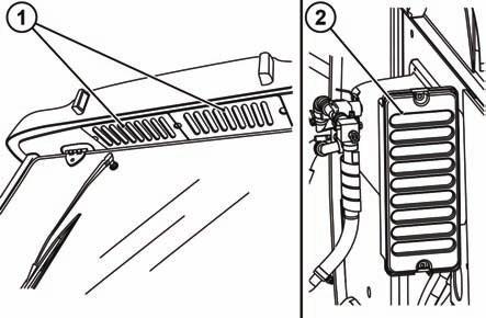 MHS16N045 Filtrace kabiny Zkontrolujte a případně vyčistěte filtry vzduchu klimatizace kabiny (1) umístěné v zadním převisu střechy a filtr topení kabiny (2) umístěný na levé straně traktoru před