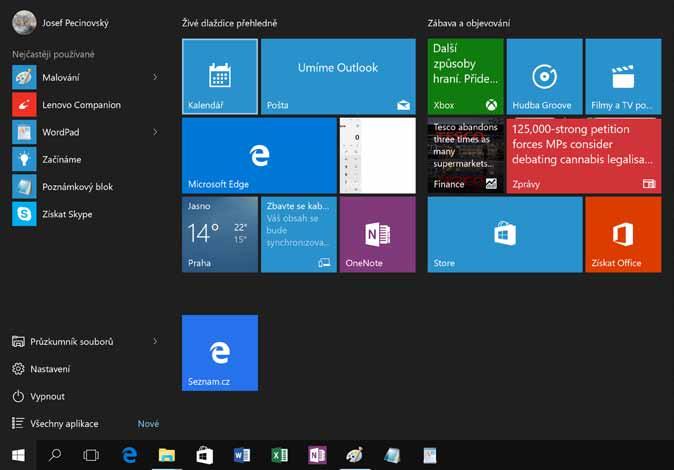 1.4 Obrazovka Start Úvodní obrazovka Windows 10 poskytuje jak nabídku Start, tak i velkou plochu s dlaždicemi viz obrázek 1.3. Pod ní je ukryta pracovní plocha Windows 10.