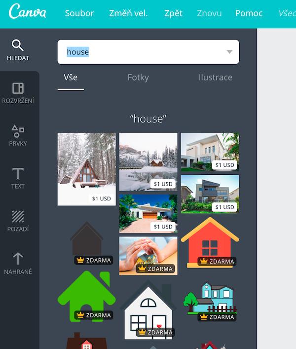 Kliknutím na požadovaný obrázek se vám přenese doprava do vašeho návrhu.