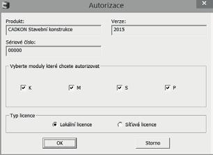 4. Po zaškrtnutí autorizovaného produktu se zobrazí okno, kde vyberete moduly, které chcete autorizovat a zvolíte typ licence (standardně je nastavena lokální).