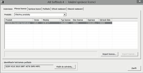 6. Klepněte na tlačítko Export licence. 7. V dialogovém okně nastavte, které profesní moduly chcete exportovat. 8. Klepněte na tlačítko Přenést licenci a potvrďte Ano. 9.