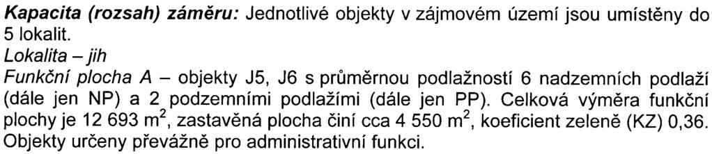 - 2 - Kapacita (rozsah) zámìru: Jednotlivé objekty v zájmovém území jsou umístìny do 5 lokalit Lokalita - jih Funkèní plocha A - objekty J5, J6 s prùmìrnou podlažností 6 nadzemních podlaží (dále jen