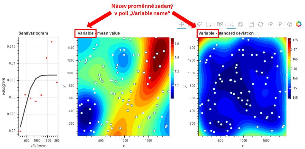 Hlavním výsledkem programu je predikce cílového parametru v místech mimo místa sond (střední hodnota a směrodatná odchylka Výsledky se zobrazí jako