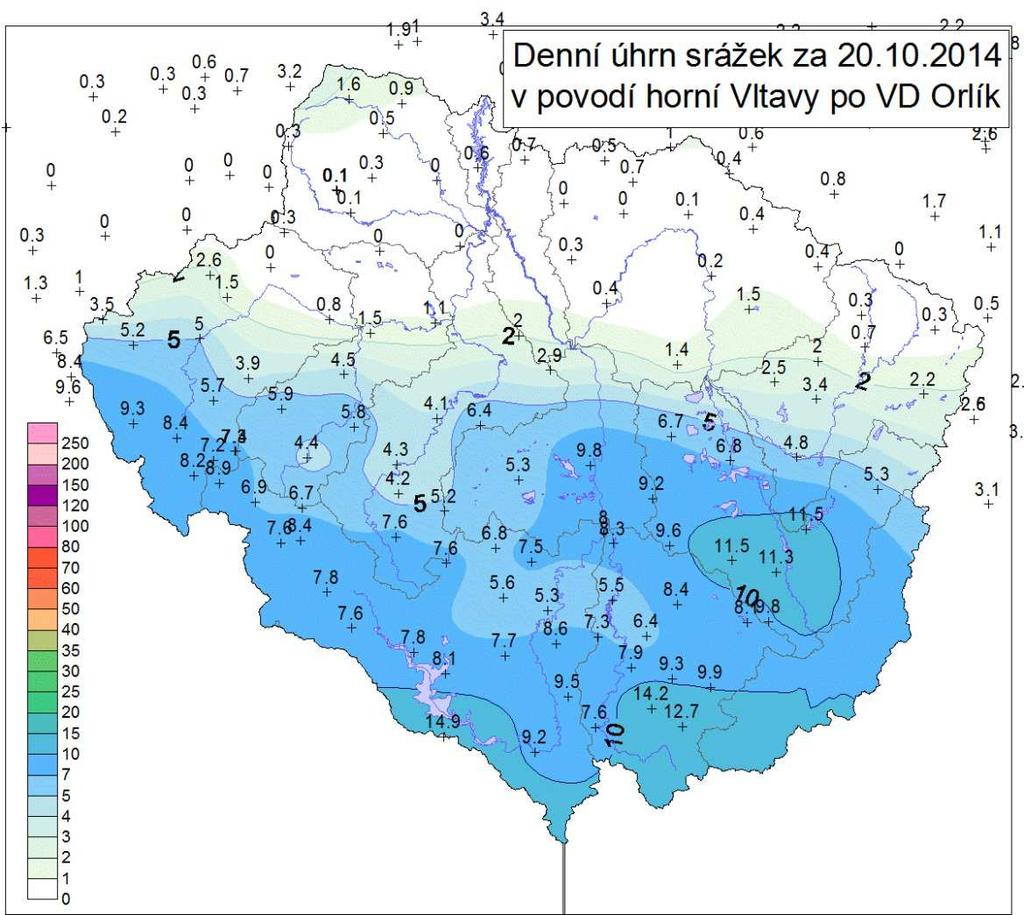 Obr. č.5 Hodinové úhrny srážek ve stanicích Modrava, Churáňov, Pohorská Ves Obr. č.6 Denní úhrn srážek na povodí horní Vltavy 20.