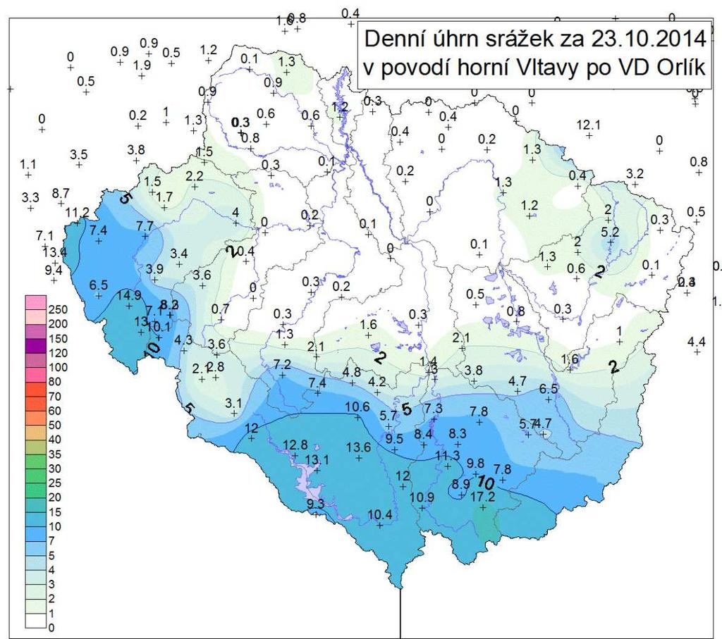 Obr. č.9 Denní úhrn srážek na povodí horní Vltavy 23. 10.