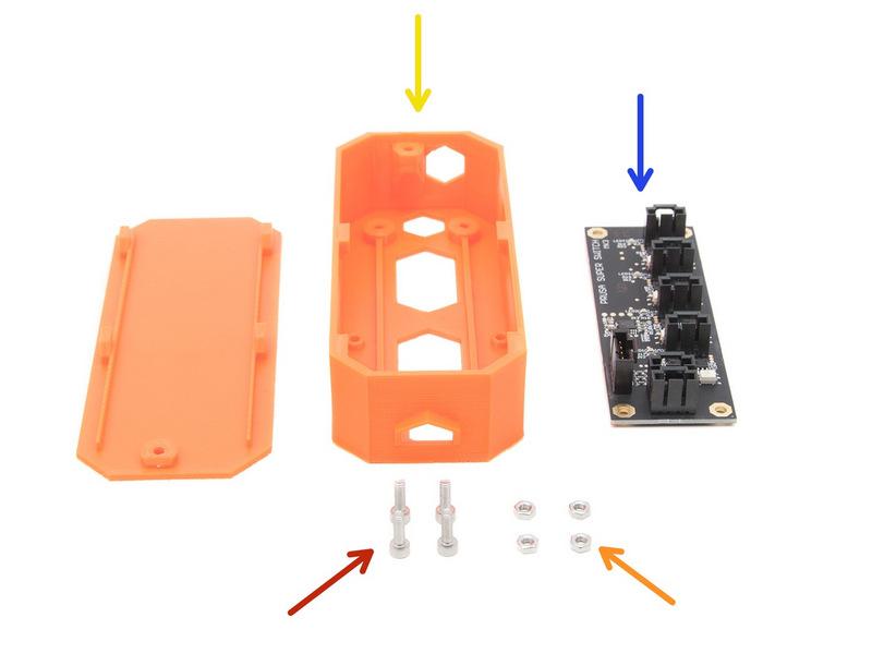 Step 2 Montáž desky Prusa Super Switch Šrouby M3x10 (4x) Matky M3n (4x) Kryt