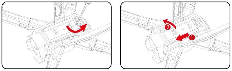 Způsob vyjmutí baterie je znázorněn na obrázku. Dron je dodáván v demontovaném stavu.