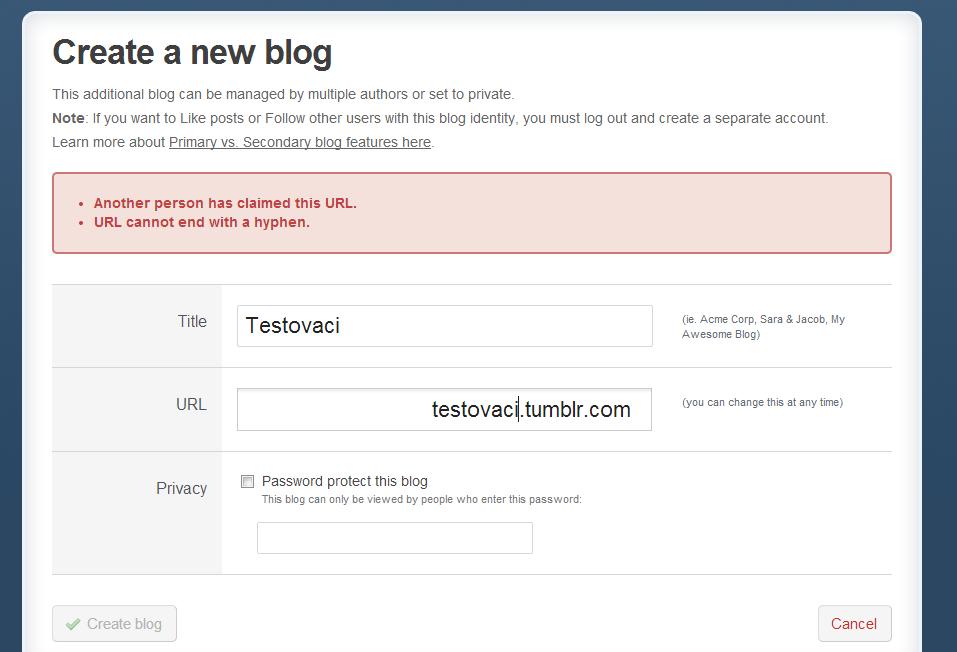 Zobrazí se formulář, kde je třeba vyplnit název a adresu nového blogu. Je zde také možnost nastavení, zda má být blog dostupný pouze po zadání hesla.