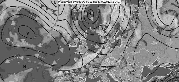 3 7 bodů Na obrázku vidíte předpovědní synoptickou mapu z 11. 9. 2012. Na základě použití této mapy odpovězte na následující otázky. a. Určete správnost následujících tvrzení.