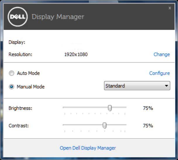 Používání dialogového okna Rychlá nastavení Kliknutím na ikonu nástroje Dell Display Manager v oblasti upozornění se spustí dialogové okno Quick Settings (Rychlá nastavení).