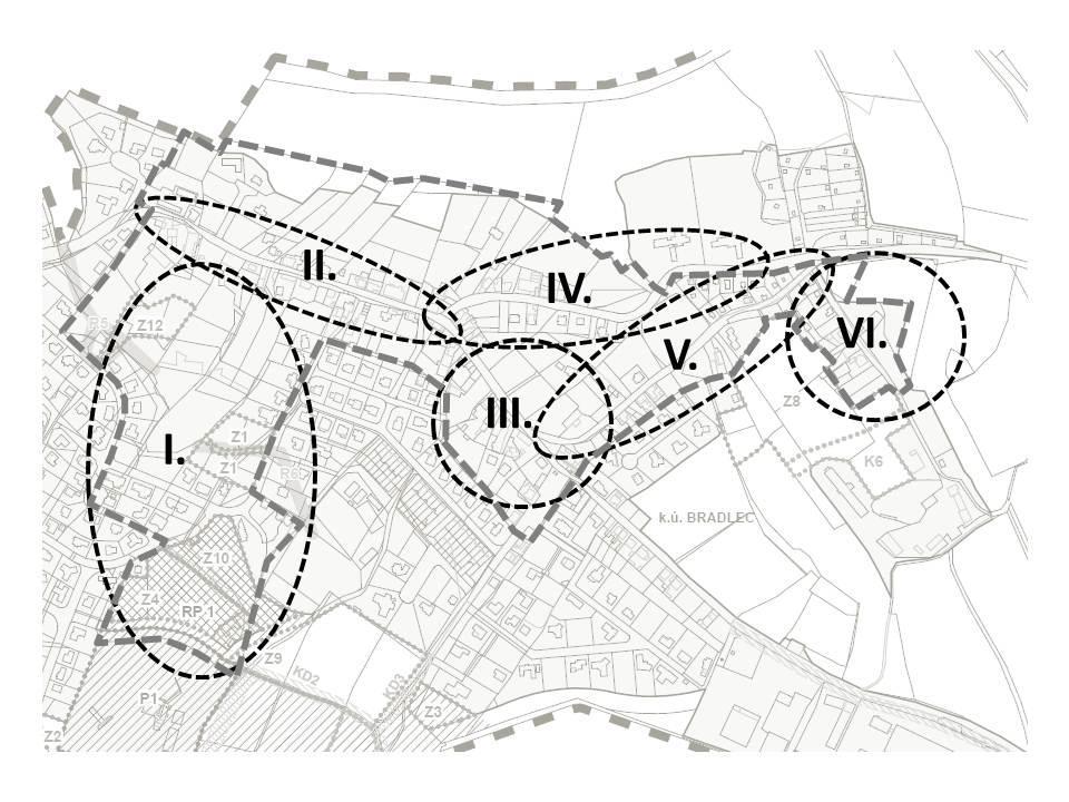 Řešené území lze pomyslně rozdělit na šest lokalit (viz Obr. 2), která zohledňují určitou vzájemnou provázanost díky době vzniku zástavby většinou podél pozemní komunikace. Lokalita I.