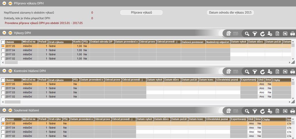 Stránka dostupná odkazem Výkazy DPH, Kontrolní hlášení DPH a Souhrnné hlášení je rozdělena na 4 části. Horní část slouží k přípravě a přepočtu výkazů.