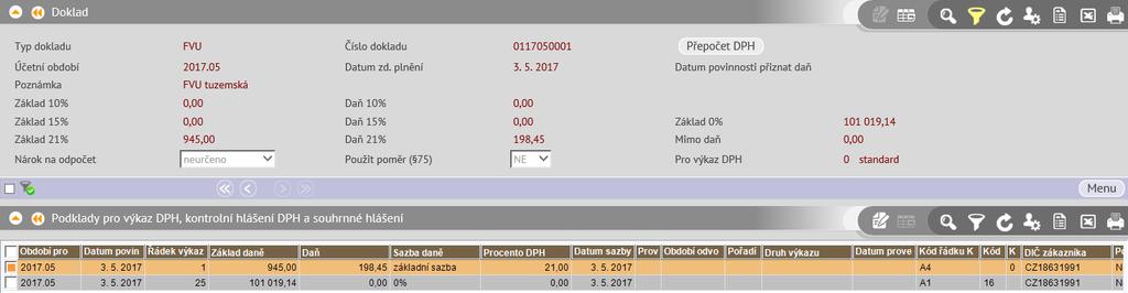 Údaje pro souhrnné hlášení sekce obsahuje: Kód plnění naplní se podle položky Pro výkaz DPH na složce / hlavičce dokladu, viz dokument Práce s DPH od 1.