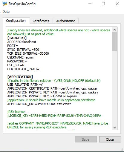 Obrázek 5.1: RexOpcUaConfig s vestavěným INI editorem 5.1 Certifikáty Na záložce Certificates (obrázek 5.2) je možné spravovat certifikát aplikace a klientské certifikáty.