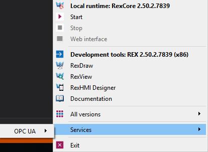 Pomocí této aplikace je možné spouštět, zastavovat službu, nastavit její automatické spouštění a otevřít dialog RexOpcUaConfig pro nastavení