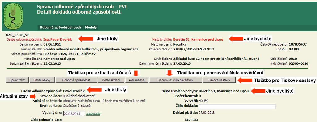 Doporučené pracovní postupy -PVI Aktualizace údajů v dokladu odborné způsobilosti - osvědčení V praxi nastává situace, že u některé OZO jsou uvedené jiné údaje v detailu OZO a jiné údaje jsou uvedené