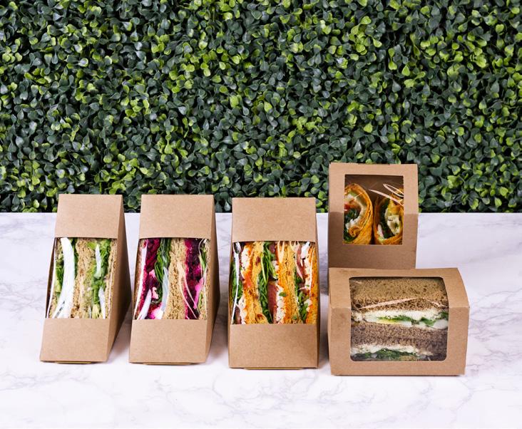 SENDVIČE, BAGETY A WRAPY ECO gastro obaly na sendviče, bagety a wrapy jsou vyrobené z BIO papíru s BIO PLA okénkem, aby Vaše jídlo vyniklo.