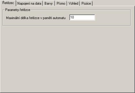 -36- karta vlastností popis specifický pro tento prvek Řetězec Napojení na data Barvy Písmo Vzhled Pozice zde lze zvolit maximální délku řetězce v paměti automatu.