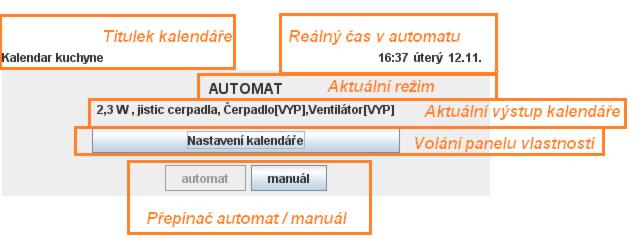 -41- Stavový panel v režimu Automat Stavový panel v režimu Manuál Nastavení kalendáře - panel vlastností Panel vlastností je skupina prvků, které nastavují vlastní data kalendáře nutná pro režim