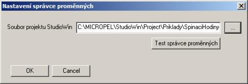 -53- Nastavení správce proměnných Pokud je stisknuto tlačítko pro zobrazení dialogu Správce proměnných a není stanoven importovaný projekt aplikace MICROPEL StudioWin, zobrazí se dialog pro import