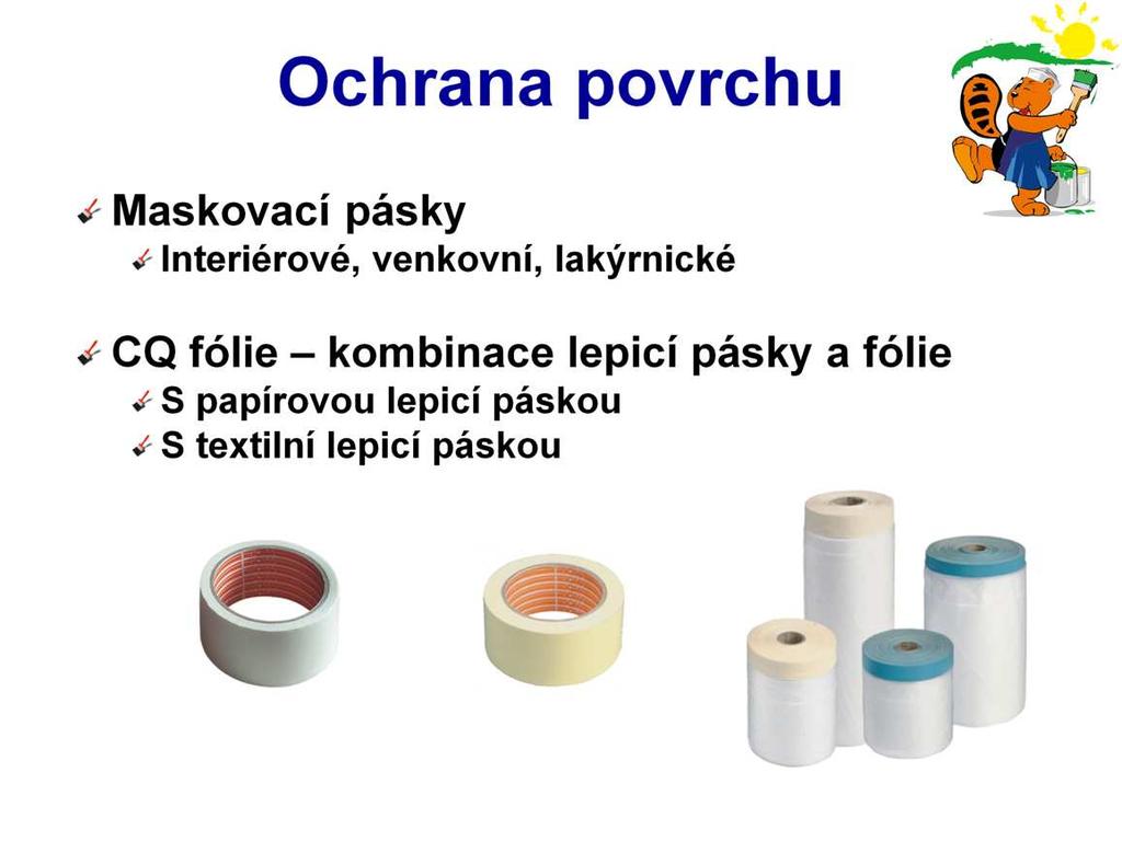 Malování i nátěry a hlavně následný úklid, velmi usnadní různé pásky. Máme pásky krepové které jsou vhodné na předělení stěn, chce-li zákazník malovat například v pruzích či vytvářet různé obrazce.