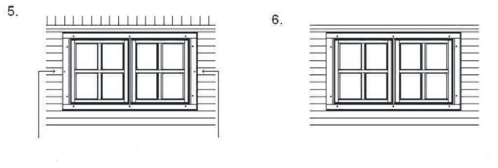 Nebojte se zkrátit si lišty pokud je to nezbytné. Všechny čtyři lišty jsou přišroubovány. Vložte sestavu okna do vymezeného prostoru Přišroubujte lišty z druhé strany 4.11.