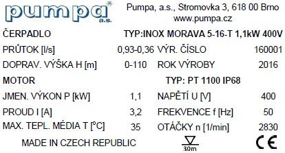 2. VÝROBNÍ ŠŤÍTEK PONORNÉHO ČERPADLA S TECHNICKÝMI ÚDAJI hmotnost 400V: 21kg 3. OBECNÉ INFORMACE 3.