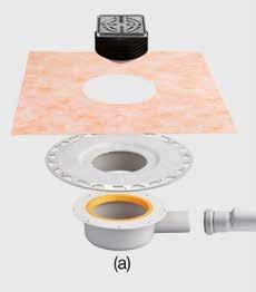 Schlüter -KERDI-DRAIN-BASE Příklad skladby (a) a Odtokové těleso b Přechod z DN 40 na DN 50 c Nástavec pro tenkovrstvé lepení d Schlüter -KERDI manžeta e* Mřížka z ušlechtilé oceli s podnoží a