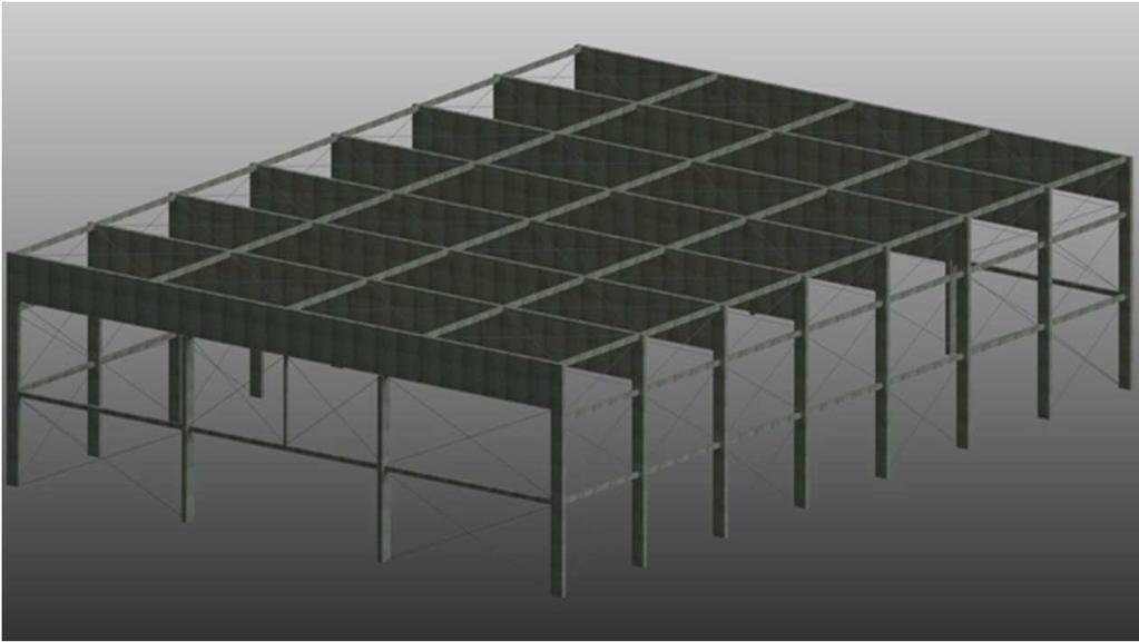 Obr. 2: Renderring numerického modelu sportovní haly 2 VÝPOČET VODOROVNÉ TUHOSTI STŘEDOVÉHO RÁMOVÉHO POLE Zde je za pomocí 3D prutového modelu haly získána vodorovná tuhost pro 2D prutové a