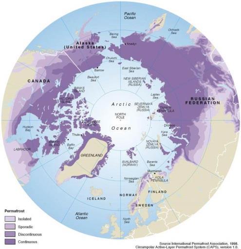 permaforst Permafrost /dlouhodobě zmrzlá půda/ jsou horniny a zeminy zemské kůry, jejichž teplota je více než 2 roky pod bodem mrazu činná vrstva = povrchová vrstva permafrostu, kde během roku