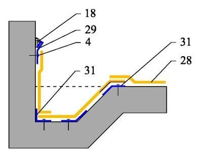 Vysvětlivky: 4 Mechanické kotvení, 18 Dotmelení PUR tmelem, 19 Tělo světlíku, 28 Fóliová hydroizolace, 29 Ukončovací tmelící profil z fóliového plechu, 31 Fóliový plech (PVC