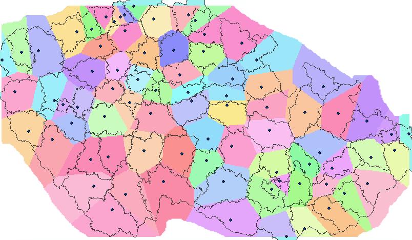 Problémy řešené v digitální kartografii/gis 5. Optimalizace tvaru regionů vzhledem k centru (Voronoi diagram) Tomáš Bayer bayertom@natur.