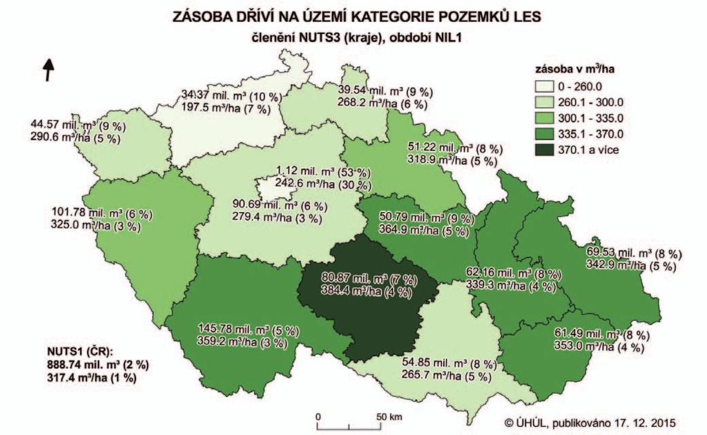 Obr. 1. Zásoba dříví (hroubí b. k.), období NIL1 (2001 2004), členění podle krajů.