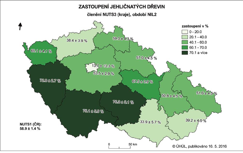 Obr. 1: Zastoupení jehličnatých dřevin v krajích podle NIL2 (2011 2015), kategorie pozemku Les