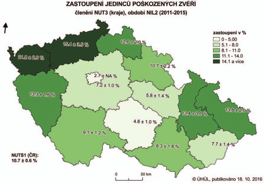 Obr. 1: Zastoupení jedinců poškozených zvěří v krajích