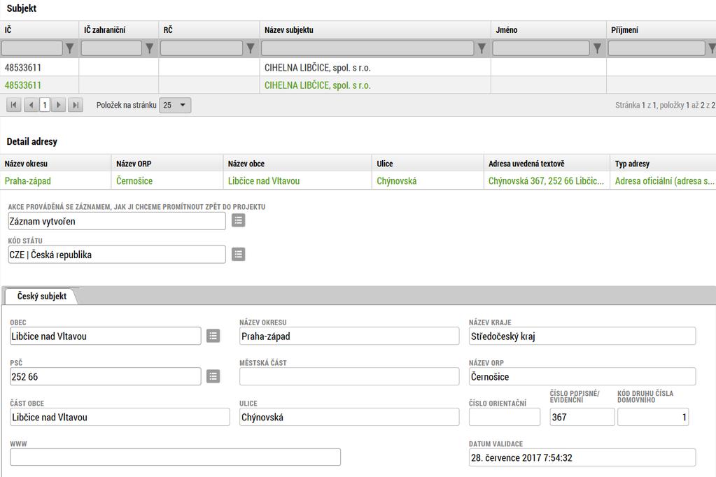 Na obrazovce Adresy subjektu vyplňte adresy nově vytvořeného